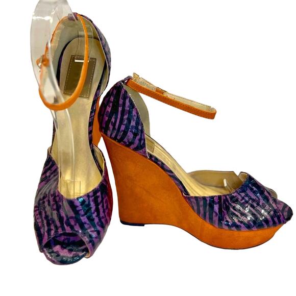 FRH Women's Colorful Animal Print Wedge Heels Size 8.5 - Picture 1 of 9